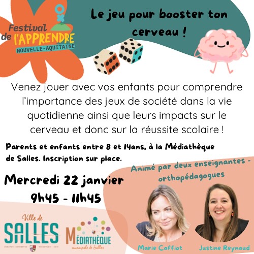 Pour cette nouvelle année 2025, j’ai le plaisir de vous informer que j’interviendrai deux fois lors du Festival de l’apprendre 2025 en Nouvelle Aquitaine.
Tout d’abord, le mercredi 22 janvier avec ma collègue Marie Caffiot @orthopedagogue_33 sur la commune de Salles pour un moment convivial autour des jeux de société. « Jouer pour booster ton cerveau 🧠 🎲🧩».
N’hésitez pas à me contacter si vous souhaitez d’autres informations.
#festivaldelapprendre #orthopedagogie #bonhumeur #momentconvivial #cerveau #neurosciences #fonctionscognitives #fonctionsexecutives #jeudesociete #apprendreparlejeu
Justine Reynaud 🌈
Enseignante - Orthopédagogue 👩🏼🏫 🧠
J’accompagne vos enfants sur le chemin de leur réussite ✨
🌐 https://justine-orthopedagogie.fr