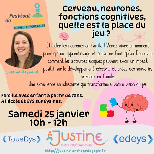Voilà ma seconde intervention pour la semaine de l’apprendre avec le @learningplanet_ @festivaldelapprendre en partenariat avec l’école @edeys_lecole_des_enfants_dys et l’association TousDys. Venez nombreux !!
🎲 Stimulez les neurones en famille : Atelier Jeux & Cerveau !
Participez à une matinée unique alliant science et plaisir du jeu ! 🧠✨
Ensemble, parents et enfants, vous explorerez les mystères fascinants du cerveau et découvrirez comment les jeux stimulent vos fonctions cognitives.
Cette rencontre unique commence par une présentation accessible du fonctionnement cérébral, dévoilant les secrets de nos mécanismes d’apprentissage. Vous passerez ensuite à la pratique avec une session de jeux interactive, transformant la théorie en moments de partage inoubliables entre parents et enfants. 🎯
Que votre enfant rencontre des défis scolaires, présente un trouble neurodéveloppemental, un TDA-H, ou que vous soyez simplement curieux d’en apprendre davantage sur le fonctionnement du cerveau, cet atelier est fait pour vous. C’est une opportunité précieuse de comprendre comment le jeu peut devenir un allié puissant dans le développement cognitif de votre enfant.
Une expérience enrichissante qui transformera votre vision du jeu et renforcera vos liens familiaux.
Pour vous inscire c’est ici : https://lnkd.in/exvjVh8G
#orthopedagogie #bonhumeur #momentconvivial #cerveau #neurosciences #fonctionscognitives #fonctionsexecutives #jeudesociete #apprendreparlejeu #famille #momentdejeu
Justine Reynaud 🌈
Enseignante - Orthopédagogue 👩🏼🏫 🧠
J’accompagne vos enfants sur le chemin de leur réussite ✨
🌐 https://justine-orthopedagogie.fr