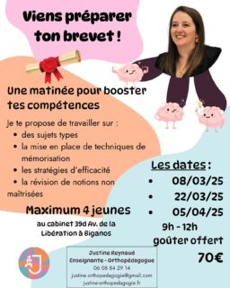 C’est parti !! Viens préparer ton brevet dans une ambiance sereine et conviviale !

Tu es élève en 3ème et tu as besoin de : 
- progresser 
- comprendre
- planifier
- t’organiser
- co- construire 
- prendre confiance en toi 
Tu es au bon endroit !!! 

🔝Quand les samedis riment avec envies ✨ 🔐⚡️🎯📝

#apprentissage #brevet #revision #orthopedagogie #bonnehumeur #memorisation #fonctionsexecutives

Justine Reynaud 🌈 
Enseignante - Orthopédagogue 👩🏼‍🏫 🧠 
J’accompagne vos enfants sur le chemin de leur réussite ✨
🌐 https://justine-orthopedagogie.fr