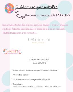 Nouveauté rentrée 2025 : les guidances parentales grâce au protocole Barkley.

Un accompagnement structuré pour mieux comprendre et apaiser les familles confrontées aux défis quotidiens du TDAH et du TOP. 

Des conflits, des crises, des comportements qui débordent ? Ce protocole testé et approuvé vous apporte des outils concrets pour vous aider :
✅ Apprendre des techniques éducatives efficaces et bienveillantes 
✅ Favoriser la coopération de l’enfant
✅ Diminuer les conflits et renforcer les moments positifs
✅ Retrouver un climat familial plus serein 

N’hésitez pas à me contacter pour en discuter. 📞

#guidanceparentale #protocolebarkley #educationpositive #accompagnementparental #orthopedagogie #parentalitepositive 

Justine Reynaud 🌈 
Enseignante - Orthopédagogue 👩🏼‍🏫 🧠 
J’accompagne vos enfants sur le chemin de leur réussite ✨
🌐 https://justine-orthopedagogie.fr