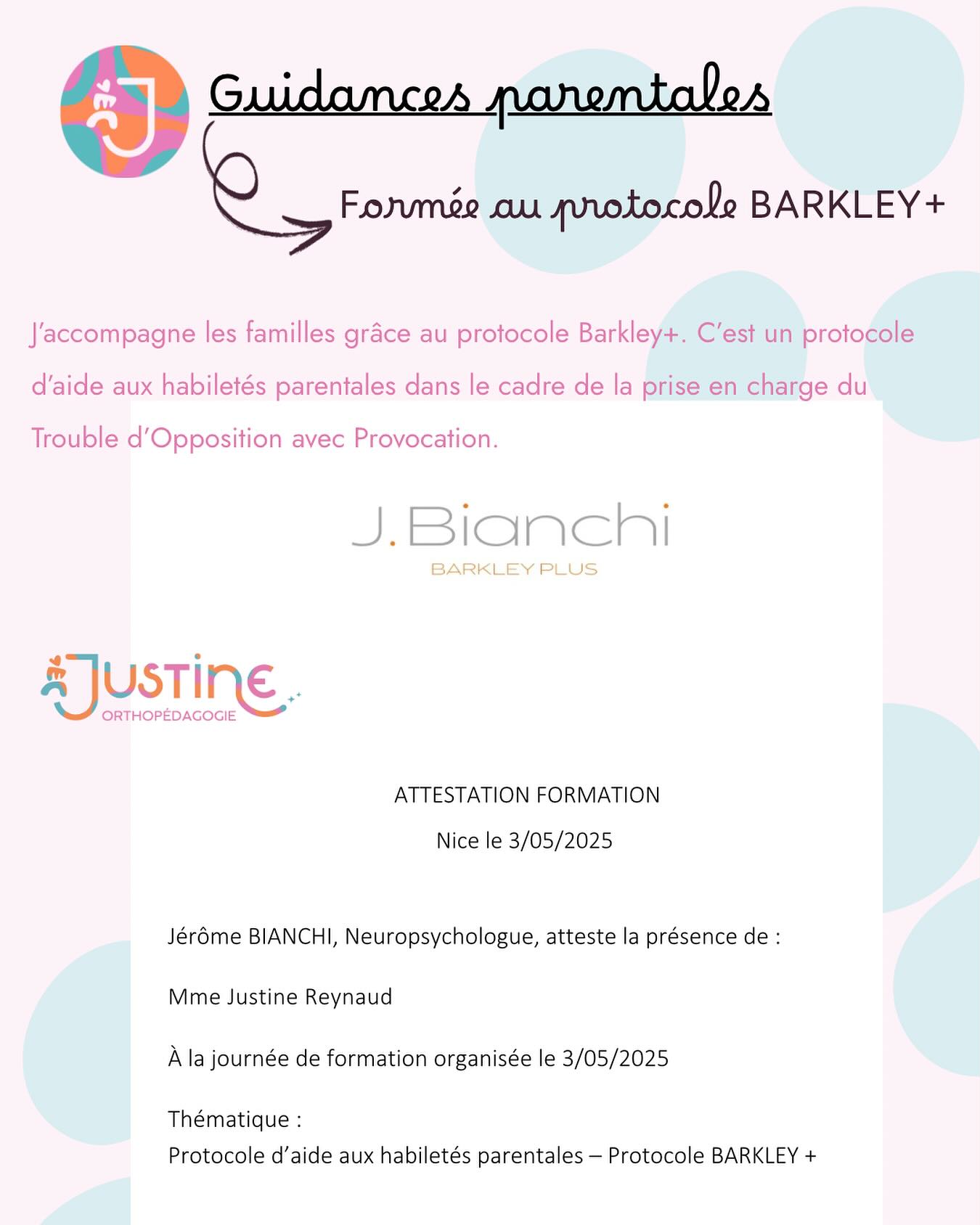 Nouveauté rentrée 2025 : les guidances parentales grâce au protocole Barkley.

Un accompagnement structuré pour mieux comprendre et apaiser les familles confrontées aux défis quotidiens du TDAH et du TOP. 

Des conflits, des crises, des comportements qui débordent ? Ce protocole testé et approuvé vous apporte des outils concrets pour vous aider :
✅ Apprendre des techniques éducatives efficaces et bienveillantes 
✅ Favoriser la coopération de l’enfant
✅ Diminuer les conflits et renforcer les moments positifs
✅ Retrouver un climat familial plus serein 

N’hésitez pas à me contacter pour en discuter. 📞

#guidanceparentale #protocolebarkley #educationpositive #accompagnementparental #orthopedagogie #parentalitepositive 

Justine Reynaud 🌈 
Enseignante - Orthopédagogue 👩🏼‍🏫 🧠 
J’accompagne vos enfants sur le chemin de leur réussite ✨
🌐 https://justine-orthopedagogie.fr